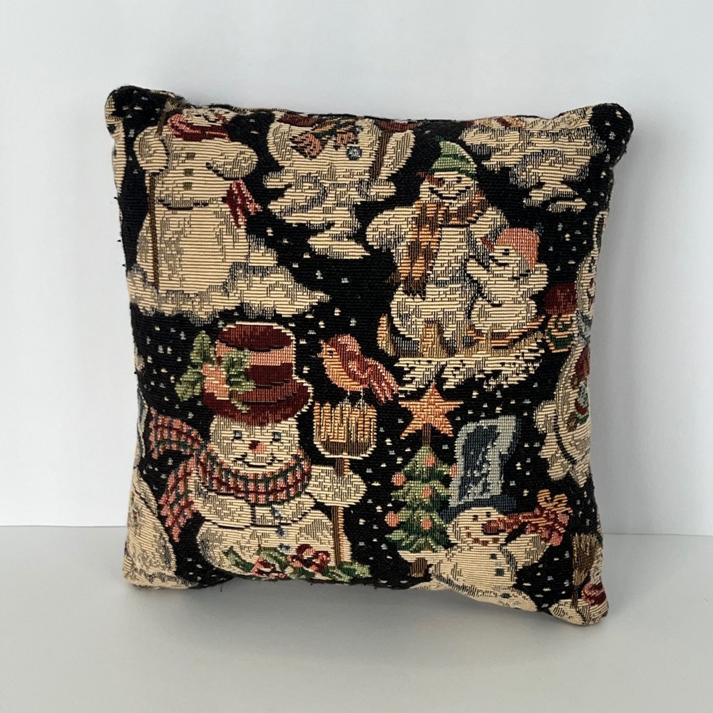Vtg Christmas Snowman Woven Tapestry Decorative Throw Pillow 9x9 Winter Decor